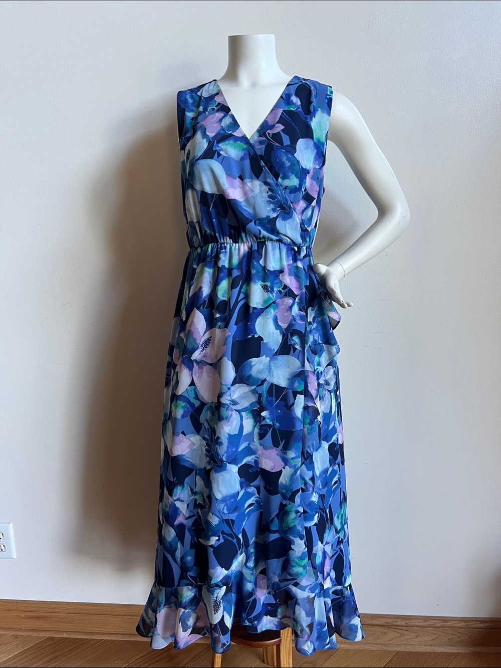 Soft Surroundings Blue Floral Wrap-Style Maxi Dress